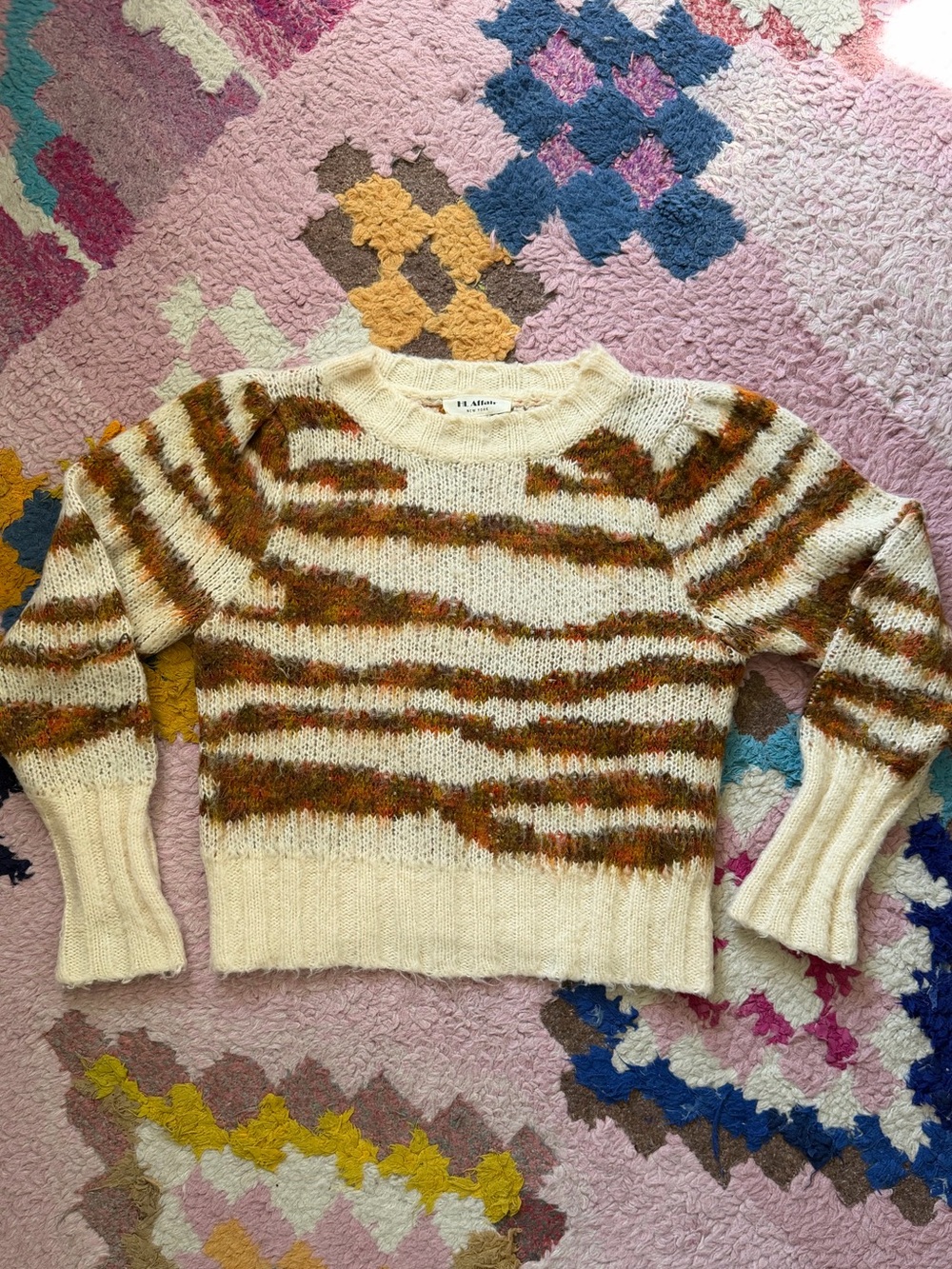 HL Affair Cream Crewneck Sweater with Brown and Rust Stripes